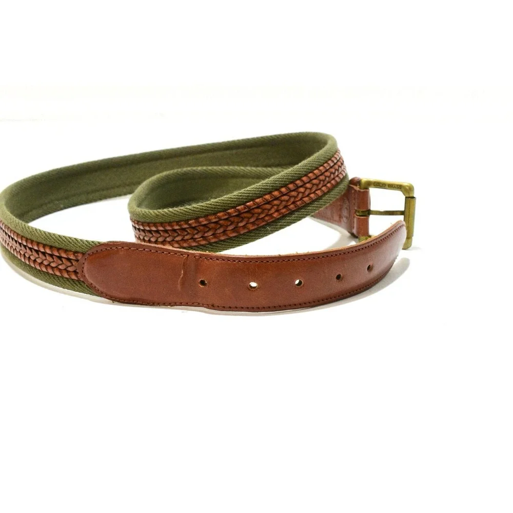 VTG LL Bean Braided Leather Canvas Field Belt Mens 42 Green Brass Buckle USA
